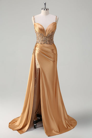 Champagne sirena Watteau treno corsetto paillettes raso Abito da cerimonia con fessura